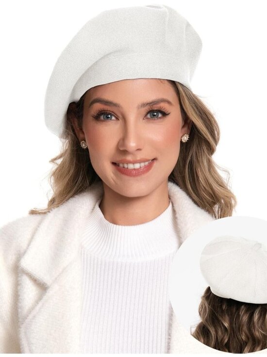 Women\'s French Style Double Layer Winter Autumn Warm Soft Beanie Hat White main image 6